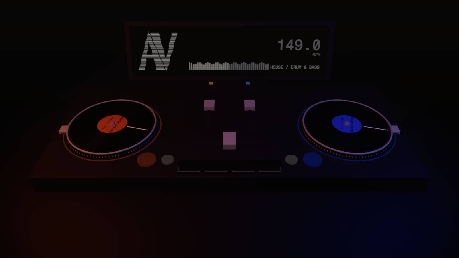 The virtual DJ console: two decks and a mixer, lit in the dark