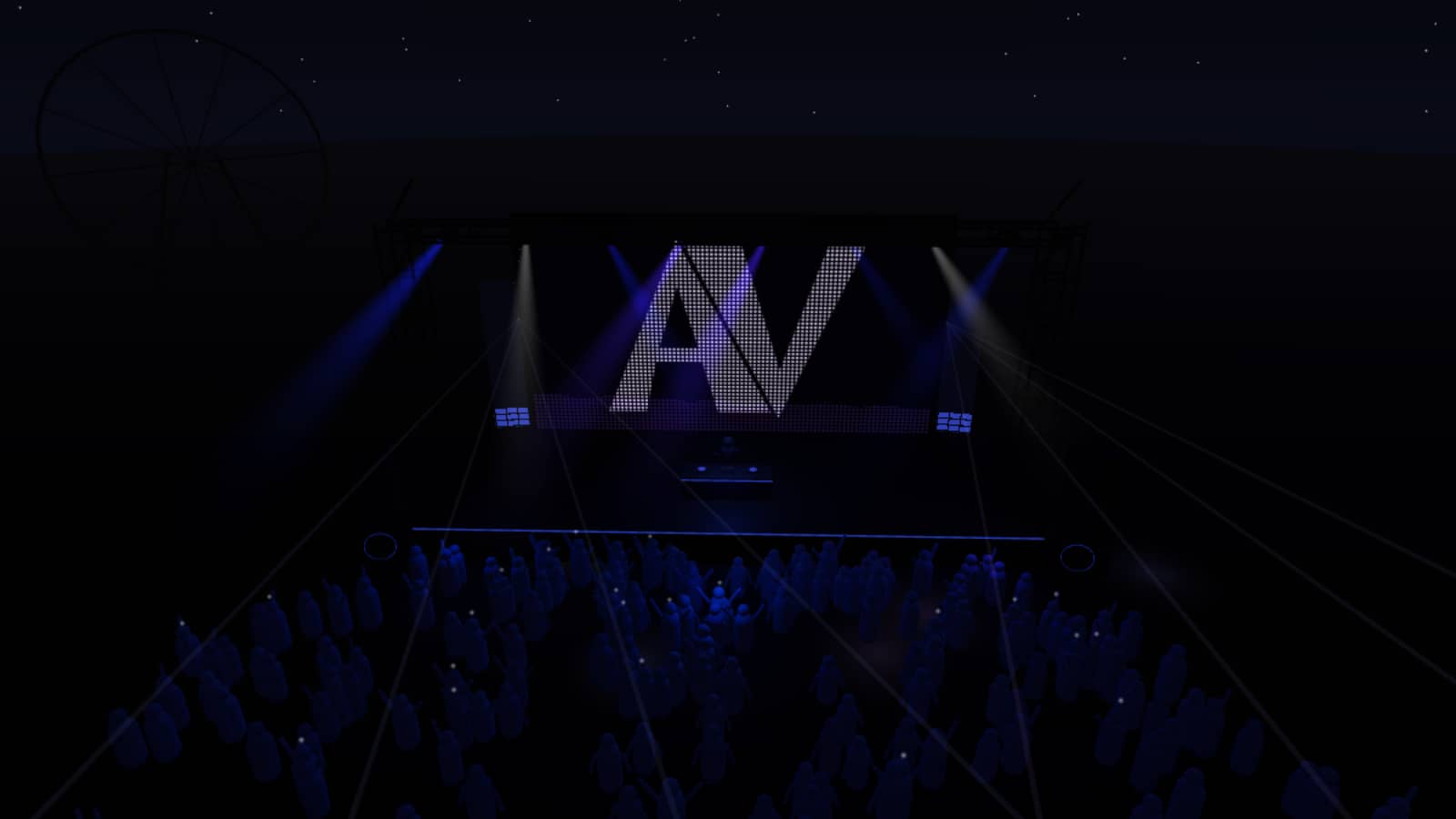 A 3D festival stage with an LED wall, beams and a crowd